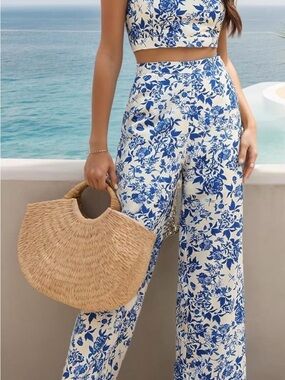 Blue Floral Wide-Leg Pants for Women